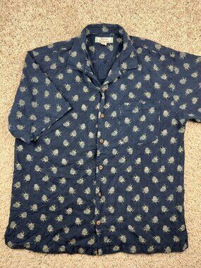Tommy Bahama SILK Hawaiian Camp Aloha Shirt Size Medium Button Up Blue Pineapple